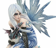 Estatua de la Diosa Elemental del Hielo, Hada Azul con cría de dragón, 31 cm de alto-7
