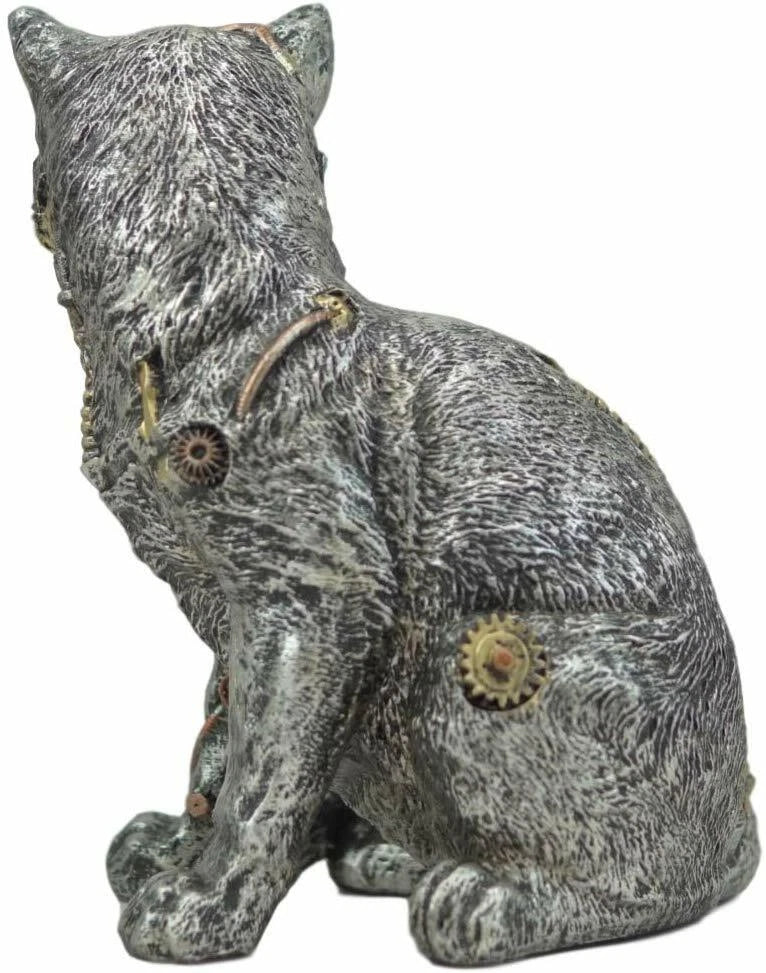 Steampunk Cyborg Cat with Clockwork Gears Nuts and Bolts Statue 8" Tall-7