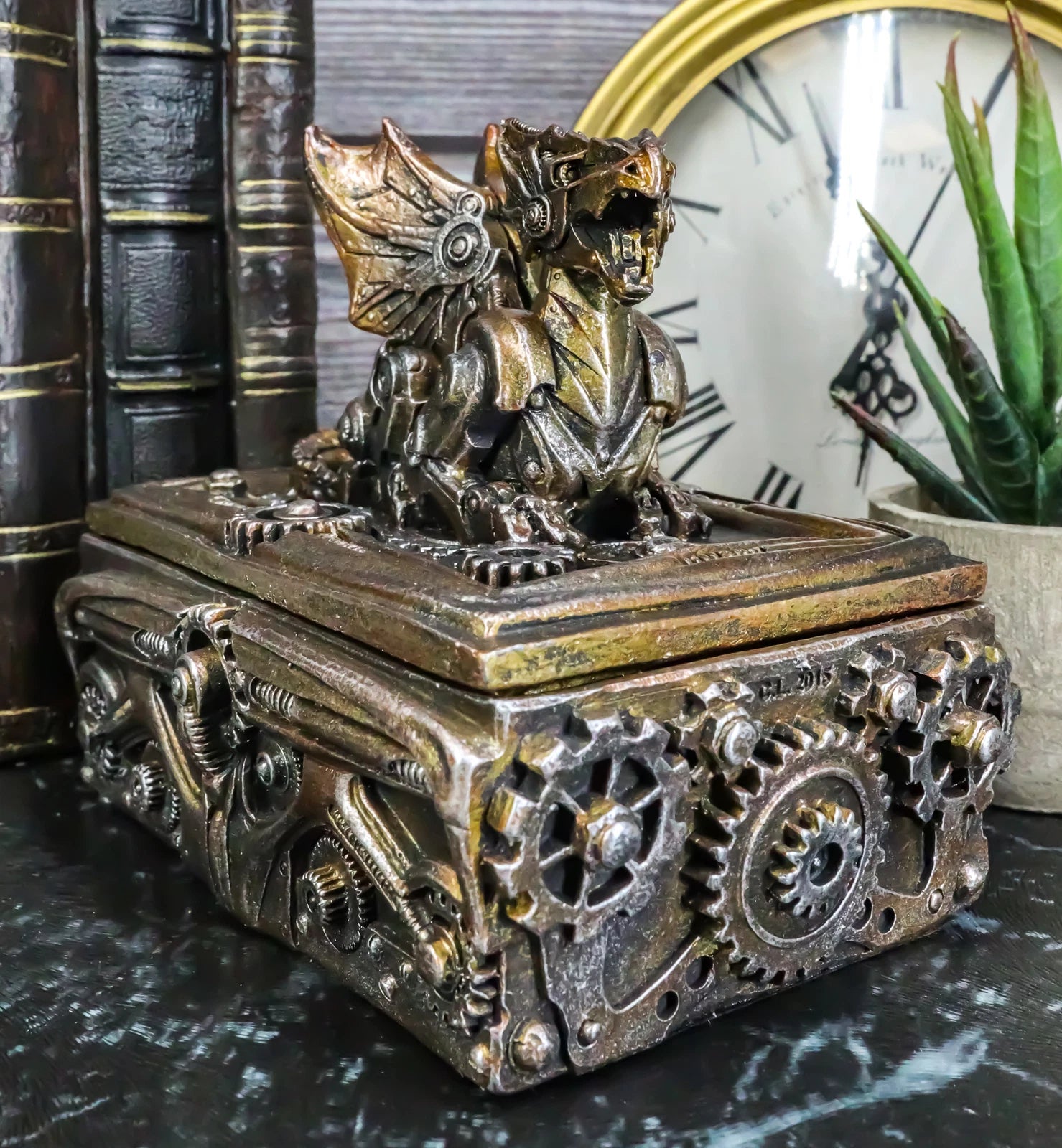 Bronzed Steampunk Cyborg Dragon Jewelry Box Figurine 9.5"L Robotic Serpentine-7