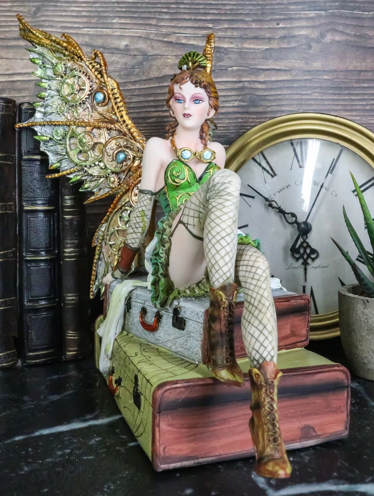 Steampunk Aviator Fairy Sitting On Suitcases Figurine 9"H Victorian Traveler-6