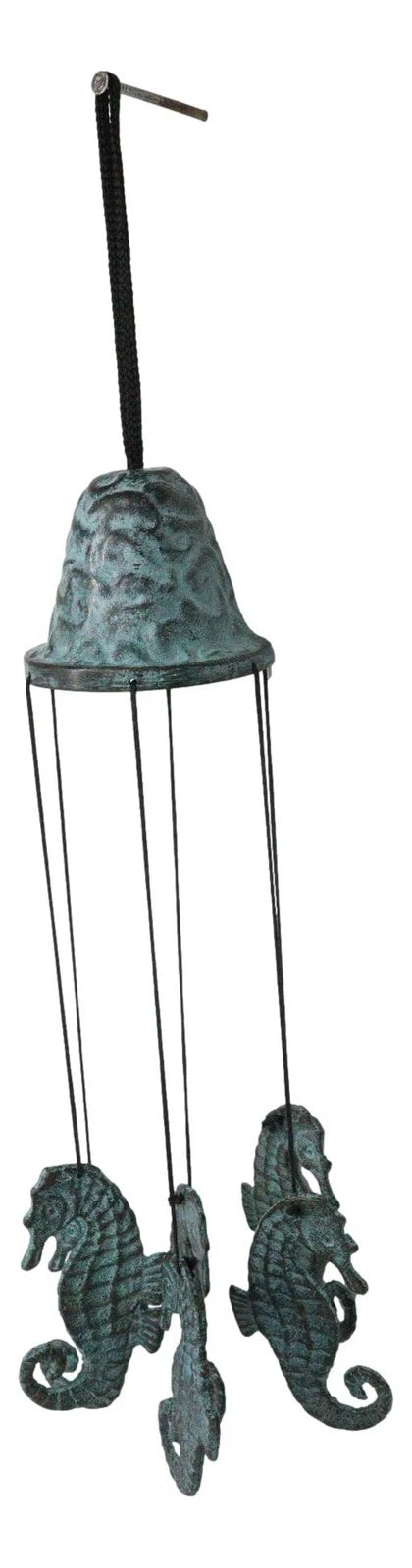 Verdigris Distressed Brass Metal Nautical Bell With Marine Seahorses Wind Chime-11