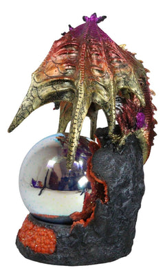 Metallic Red Gold Armored Dragon On Volcano Lava Rock With LED Optic Ball Statue-7
