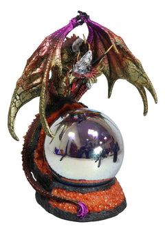 Metallic Red Gold Armored Dragon On Volcano Lava Rock With LED Optic Ball Statue-8
