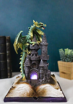 Medieval Green Dragon Perching On LED Castle With Book of Spells Figurine-2