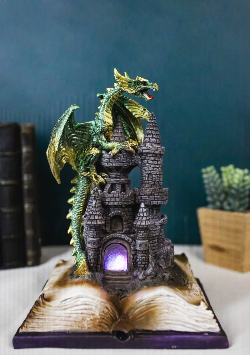 Medieval Green Dragon Perching On LED Castle With Book of Spells Figurine-2