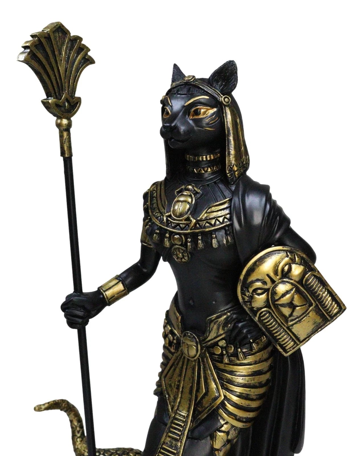 11"H Egyptian Bastet Cat With Snake Holding Spear & Shield Statue 11"H-8