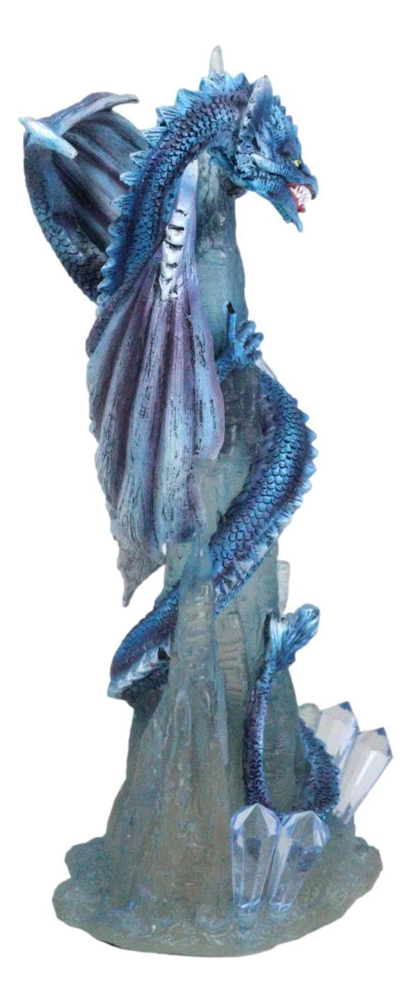 Frozen Stalactite Blue Dragon Serpent On Spiky Ice Mountain Cliff Figurine-9