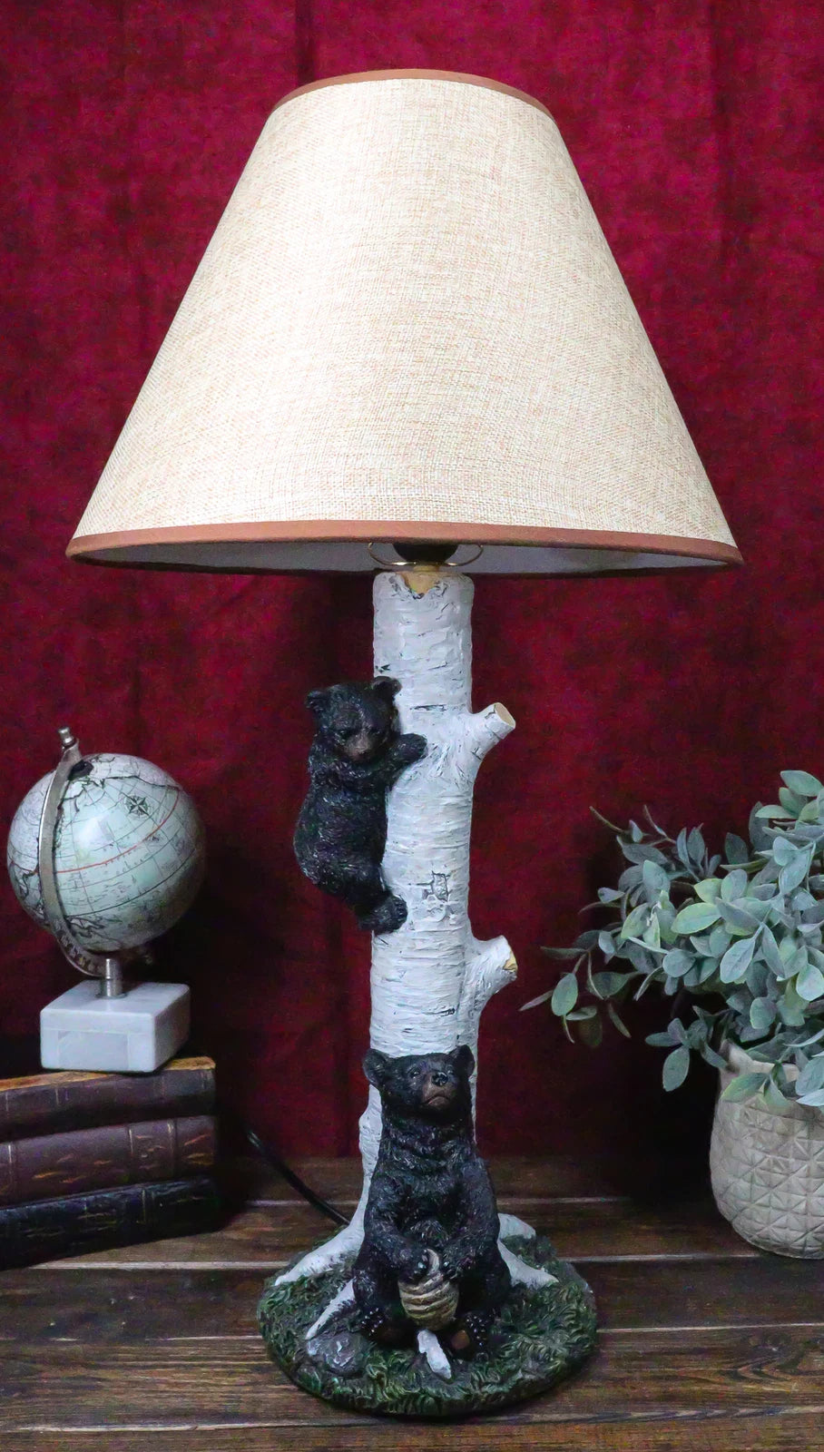Climbing Black Bear Cub On Birchwood Tree With Mother And Beehive Table Lamp-7