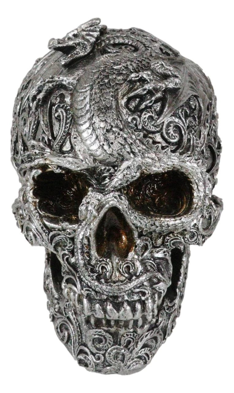 Flying Dragon On Tribal Le Fleur Floral Tattoo Skull Statue Halloween 7.5"L-6