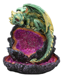 Wyrmling Dragon On Crystal Geode Rock Backflow Incense Burner Statue With LED-8