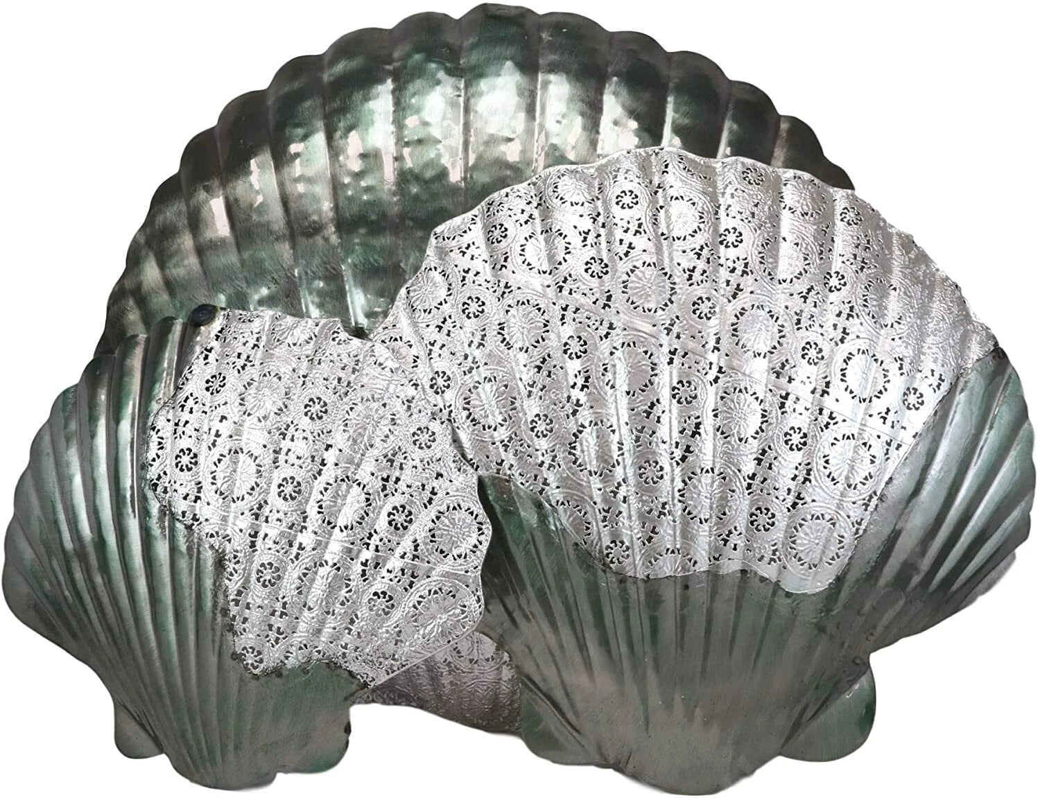 Silver Filigree Capiz Green Nautical Sea Shell Clams 3 Sizes Set Wall Decors-6