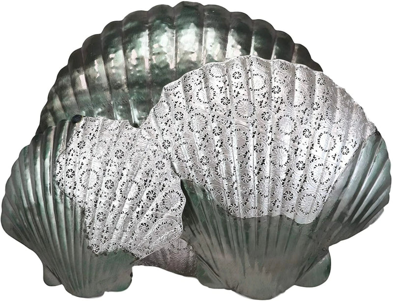 Silver Filigree Capiz Green Nautical Sea Shell Clams 3 Sizes Set Wall Decors-6