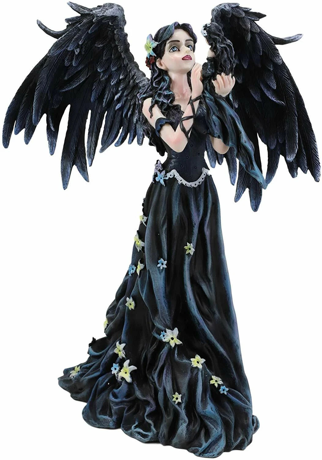 Gothic Raven Crow Maleficent Angel With Avatar Ditto in Black Lily Dress Statue-6