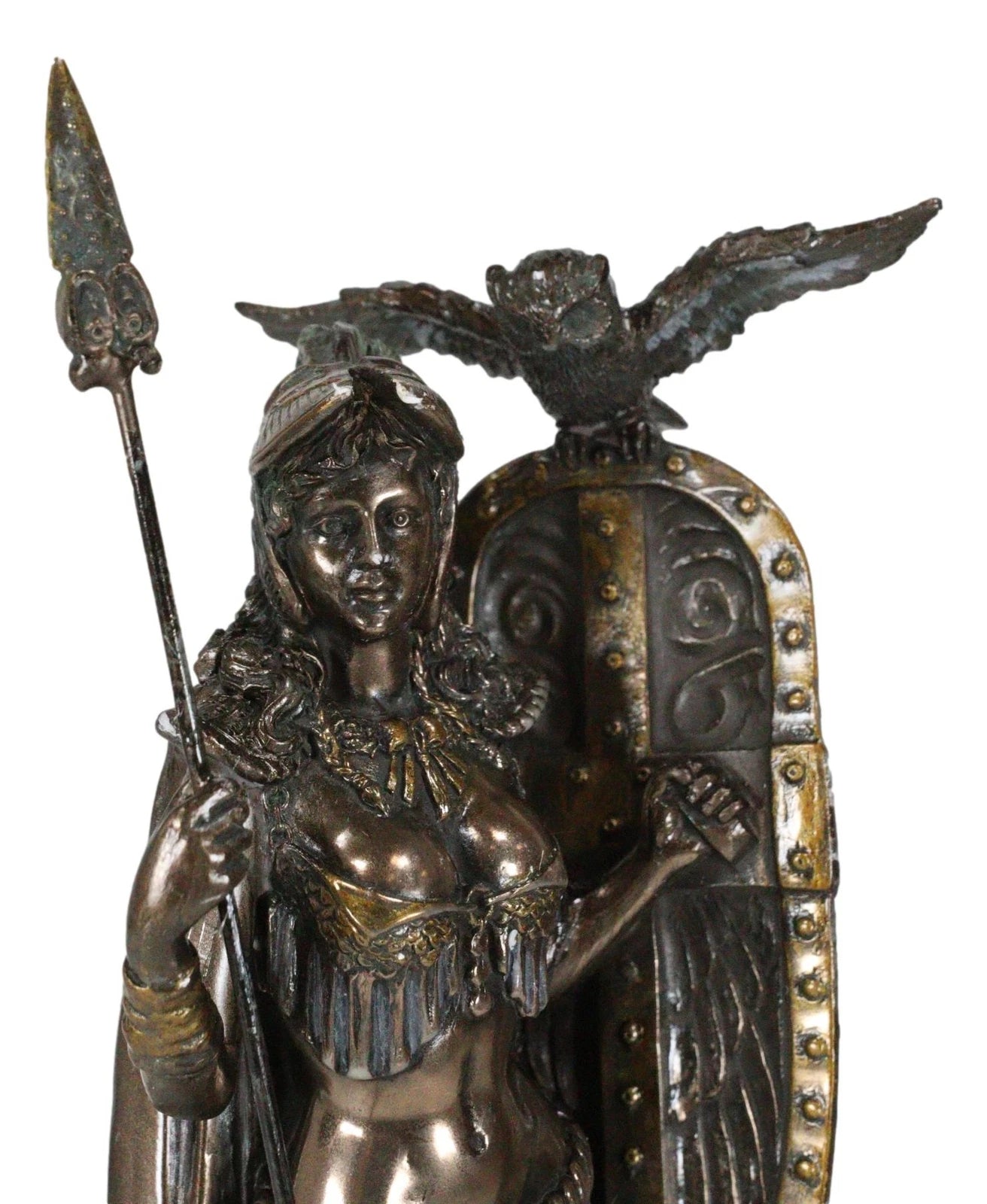 Greek Goddess Athena Wearing Helmet With Spear Aegis Shield And Owl Statue Decor-10