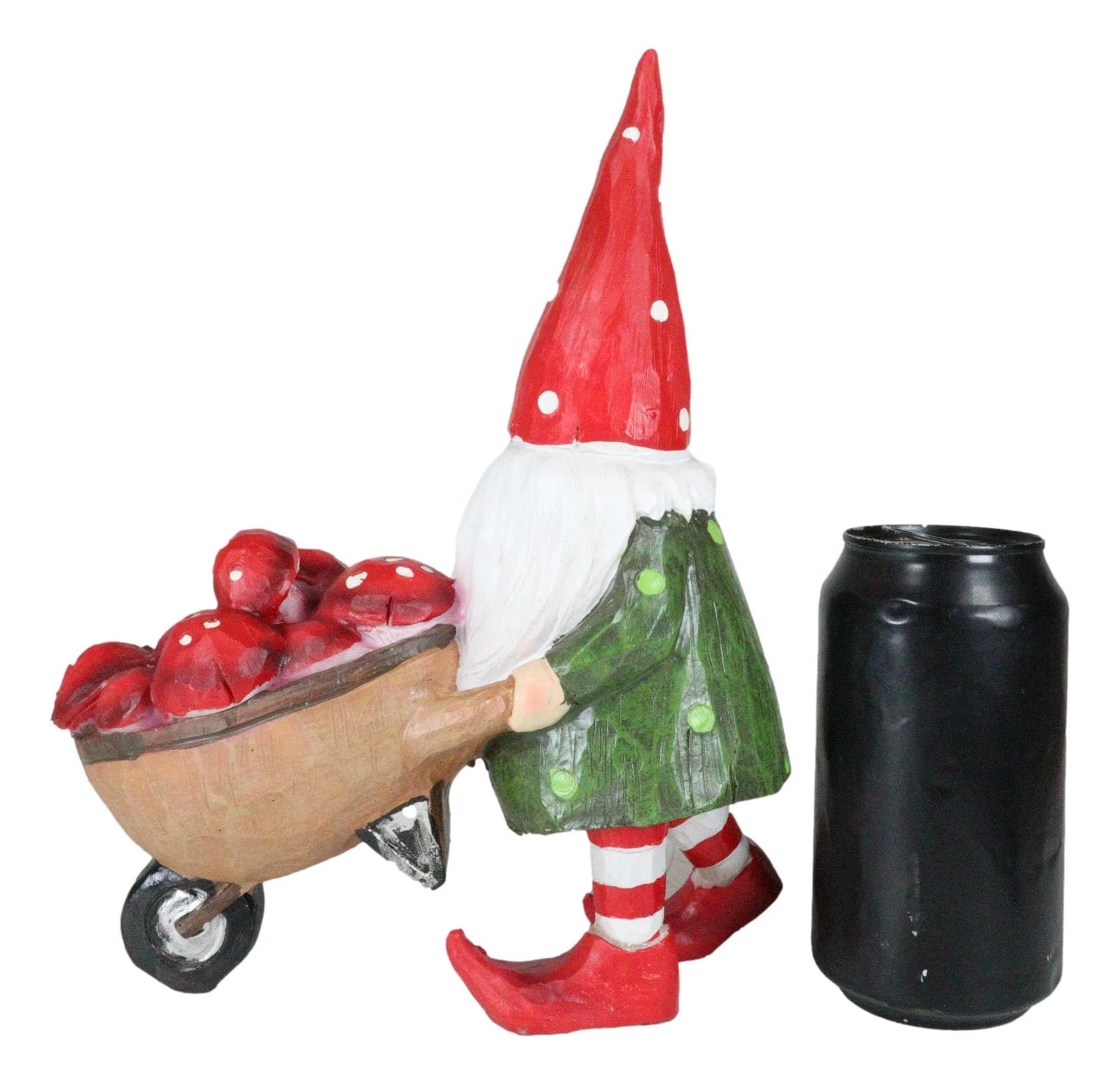 Whimsical Garden Mr Grandpa Gnome Pushing Toadstool Mushrooms Wheelbarrow Statue-8