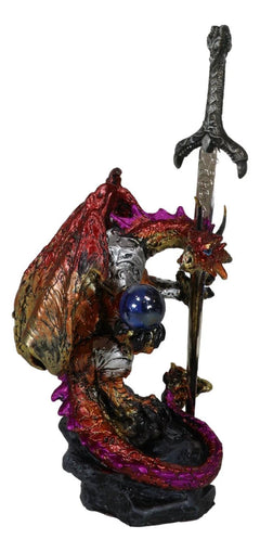 Red Metallic Fire Knight Dragon With Orb and Gothic Sword Letter Opener Figurine-7