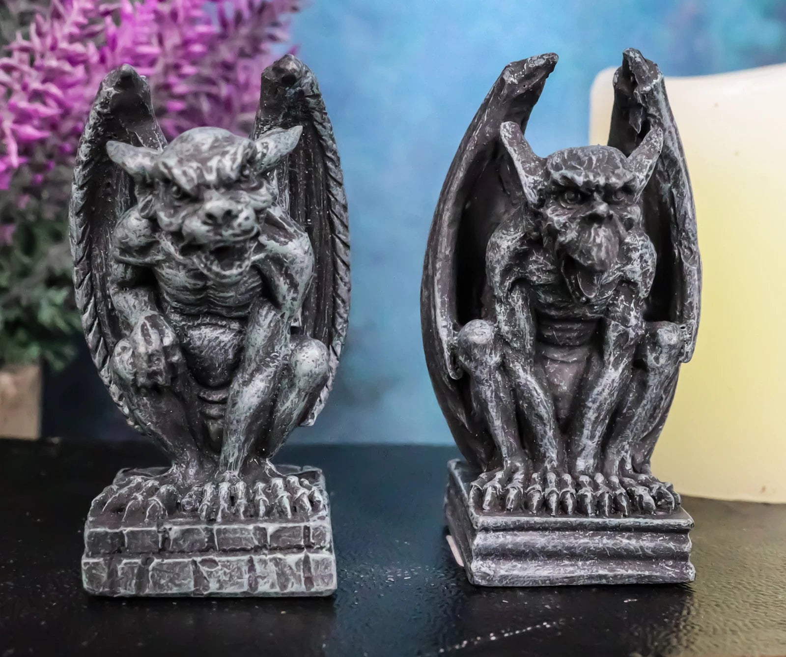 Gothic Notre Dame Guardian Mini Gargoyle Statue Set of 2 Miniature Fairy Garden-1