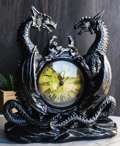 Gothic Twin Dragons Table Clock Statue With Roman Numerals In Metallic Look 11"H-7