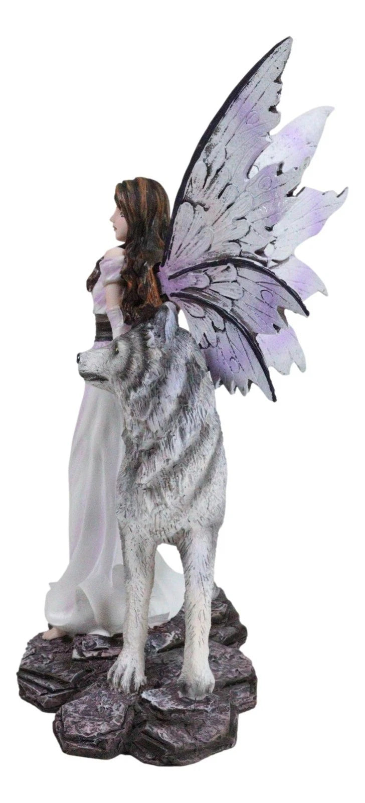 Fantasy Purple Winged Fairy Diana with Alpha Snow Direwolf Wolf Statue 10"H-8