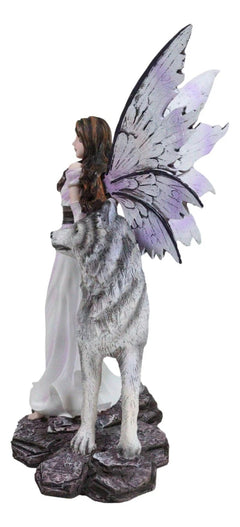 Fantasy Purple Winged Fairy Diana with Alpha Snow Direwolf Wolf Statue 10"H-8