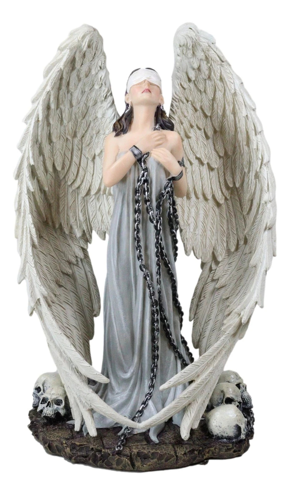 Captive Spirits Blindfolded Standing Angel Tied In Chains By Skulls Figurine-9