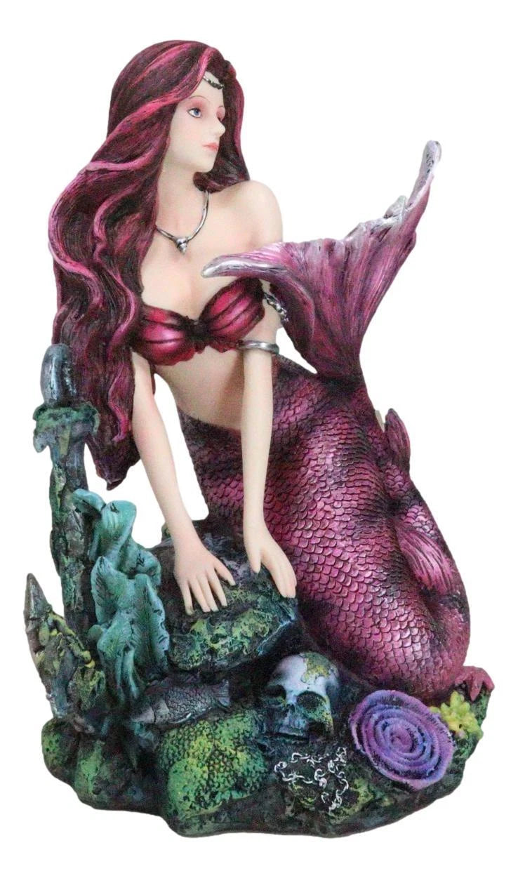 Siren Mermaid Sitting By Sunken Ship Anchor Skull Corals Ocean Graveyard Statue-9