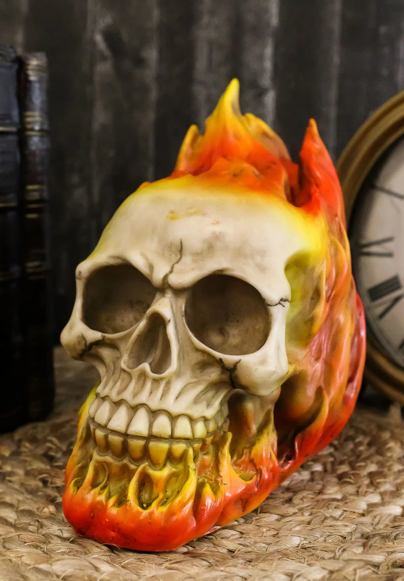 Ghost Rider Skull with Fire Flame Skeleton Figurine Halloween Decor 6"L-6