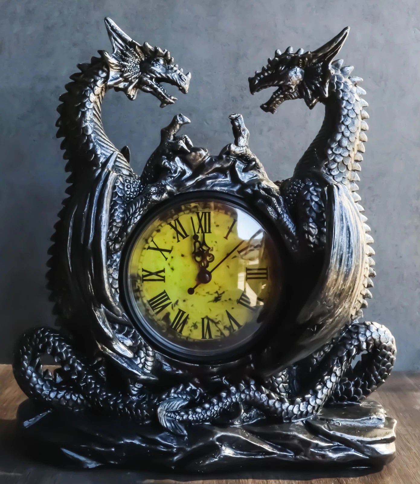 Gothic Twin Dragons Table Clock Statue With Roman Numerals In Metallic Look 11"H-8