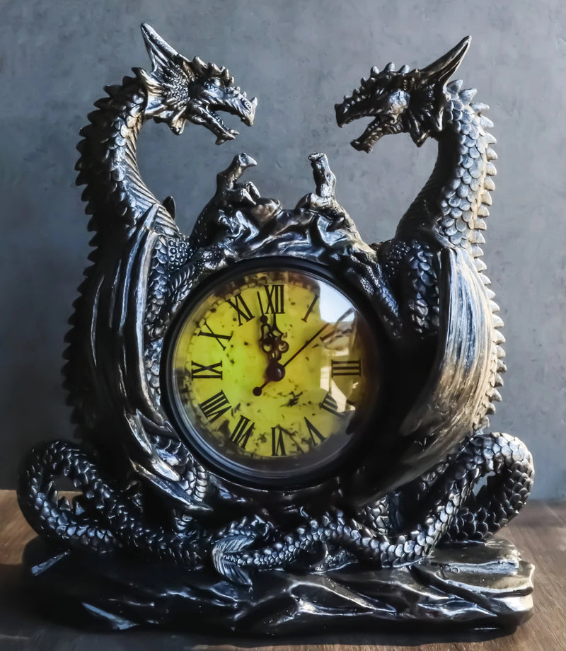 Gothic Twin Dragons Table Clock Statue With Roman Numerals In Metallic Look 11"H-8