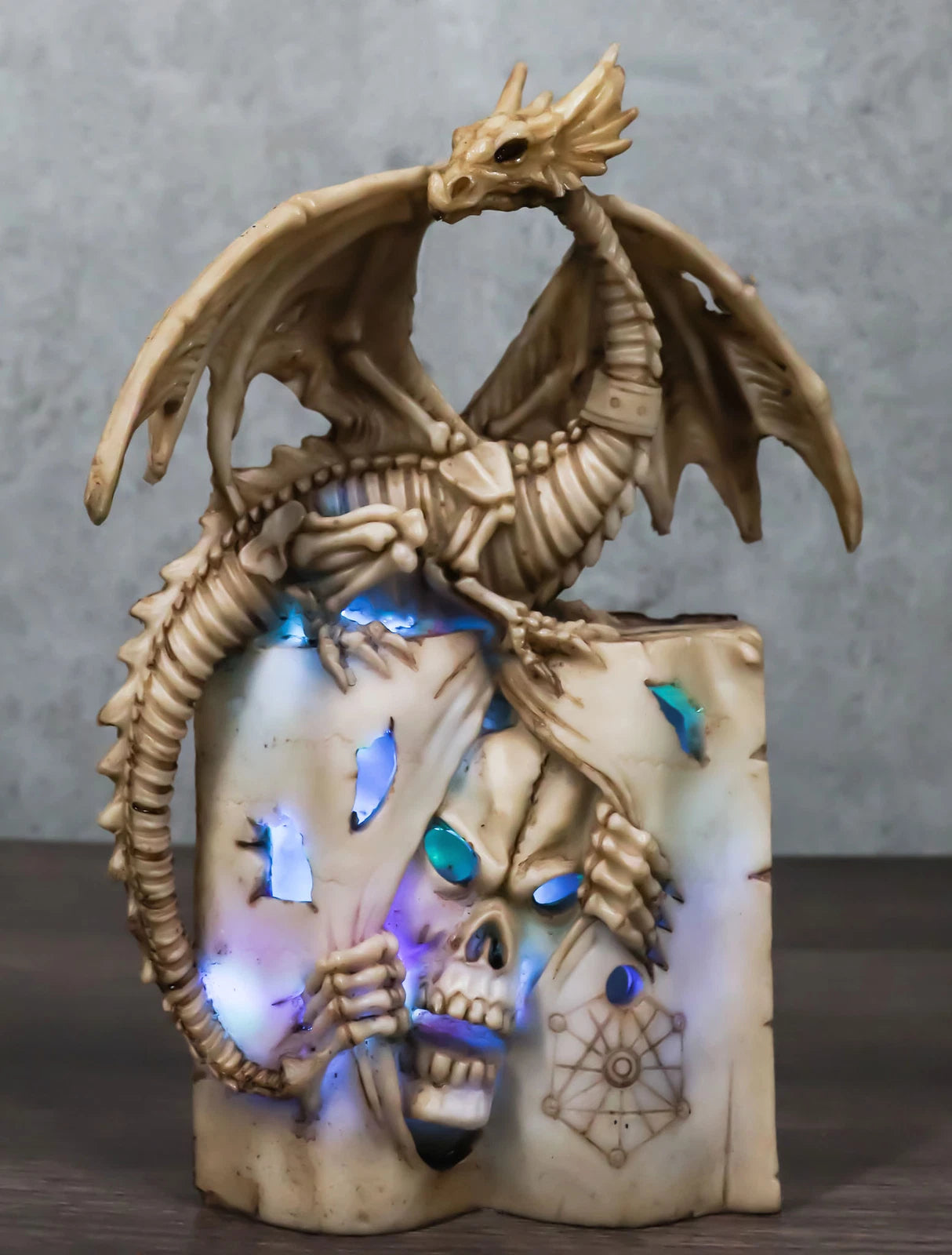 Skeleton Bone Dragon On Spell Book Of The Dead Skull Mummy LED Light Figurine-2