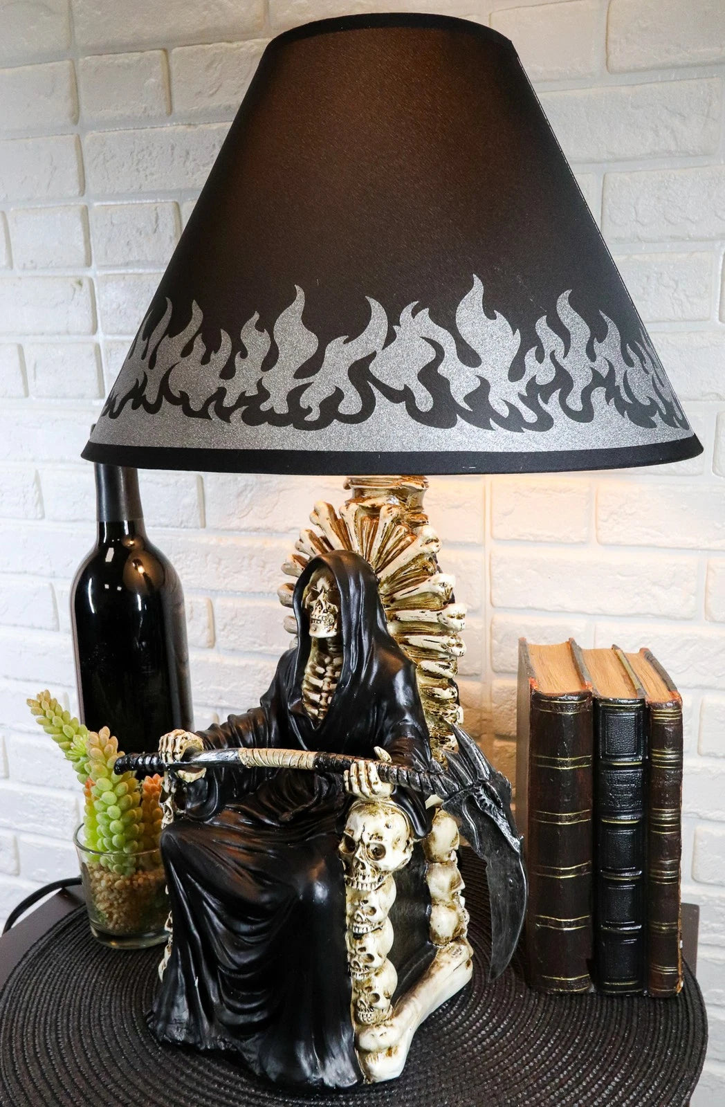 Grim Reaper Seated On Skeleton Justice Throne With Scythe Table Lamp Shade-2