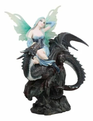 Large Ice Elemental Fairy With Night Fury Dragon Statue 14"L Fantasy Witch Fairy-8