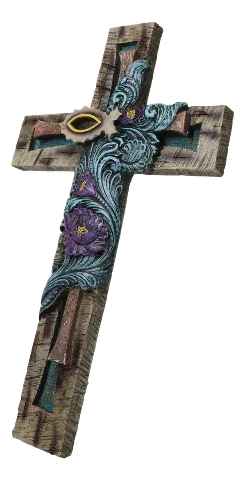 Rustic Turquoise Floral Blooms Ichthys Jesus Fish Symbol Faux Wooden Wall Cross-8