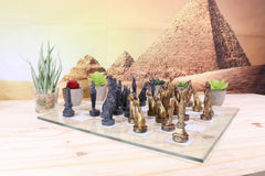 Egyptian Gods Monuments King Tut & Nefertiti Chess Pieces Glass Board Set-4