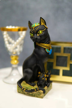 Egyptian Goddess Sitting Cat Bastet Mother With Kittens Statue in Vivid Colors-2
