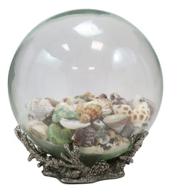 Nautical Marine Sea Shells Glass Globe Ball On Silver Coral Reef Metal Sculpture-8