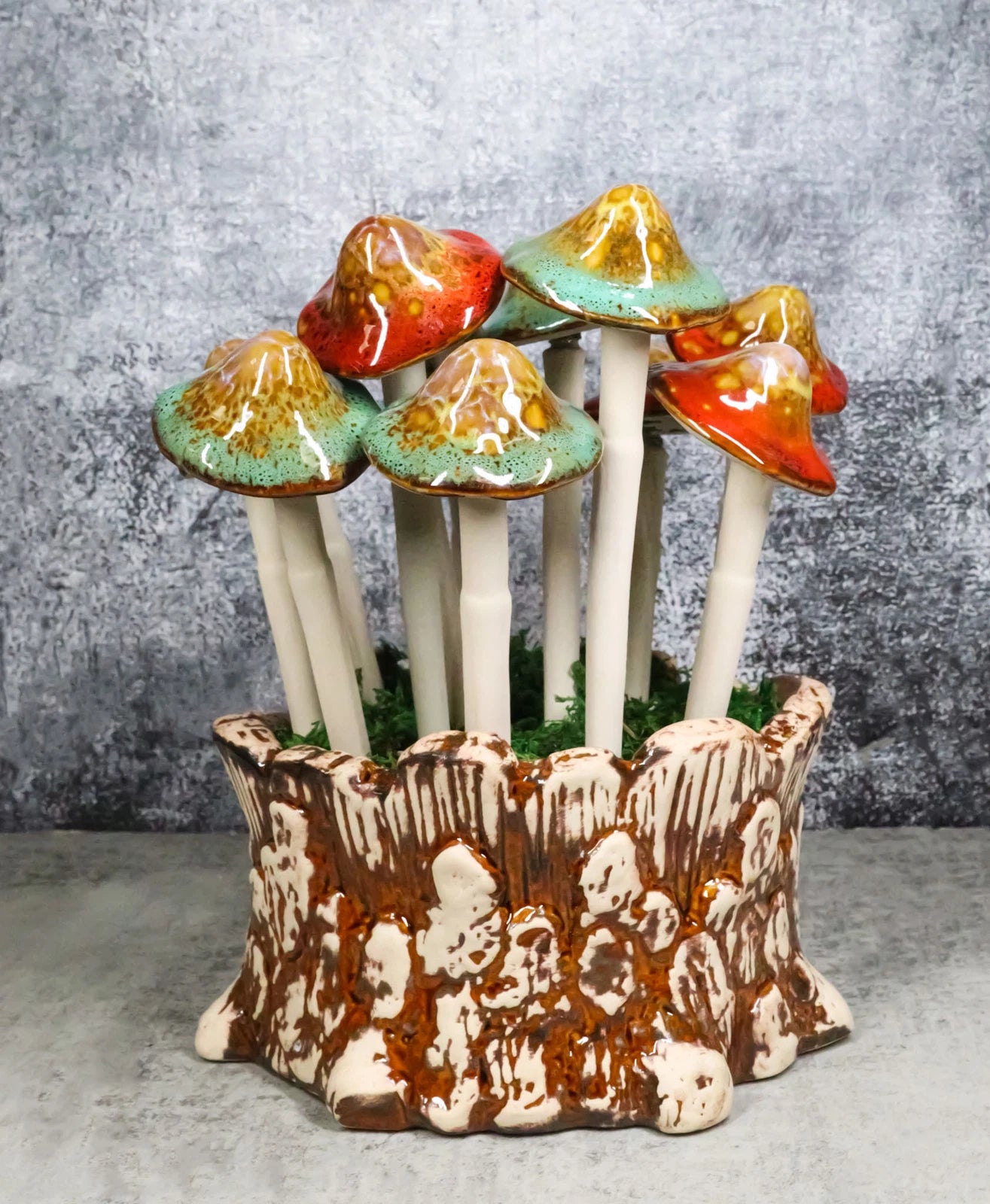 Fairy Garden Colorful 12 Piece Ceramic Mushroom Picks With Planter Holder Set-1