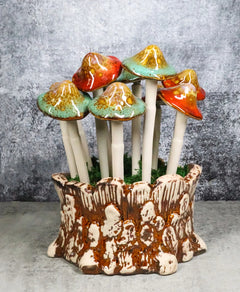 Fairy Garden Colorful 12 Piece Ceramic Mushroom Picks With Planter Holder Set-1