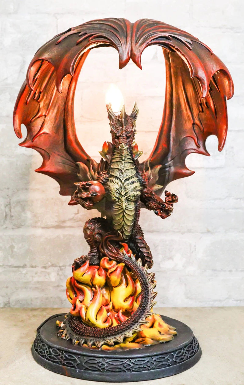 Red Hell Fire Flame Volcano Dragon Table Lamp With Towering Canopy Wings Statue-1