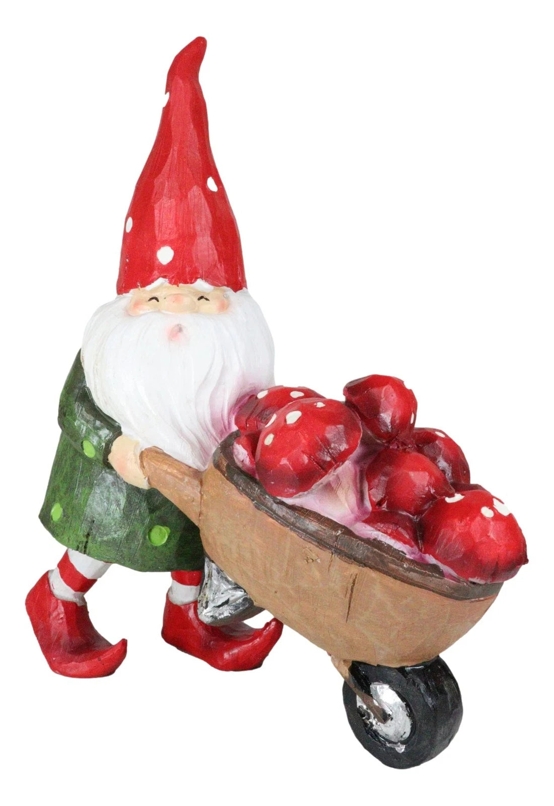Whimsical Garden Mr Grandpa Gnome Pushing Toadstool Mushrooms Wheelbarrow Statue-9