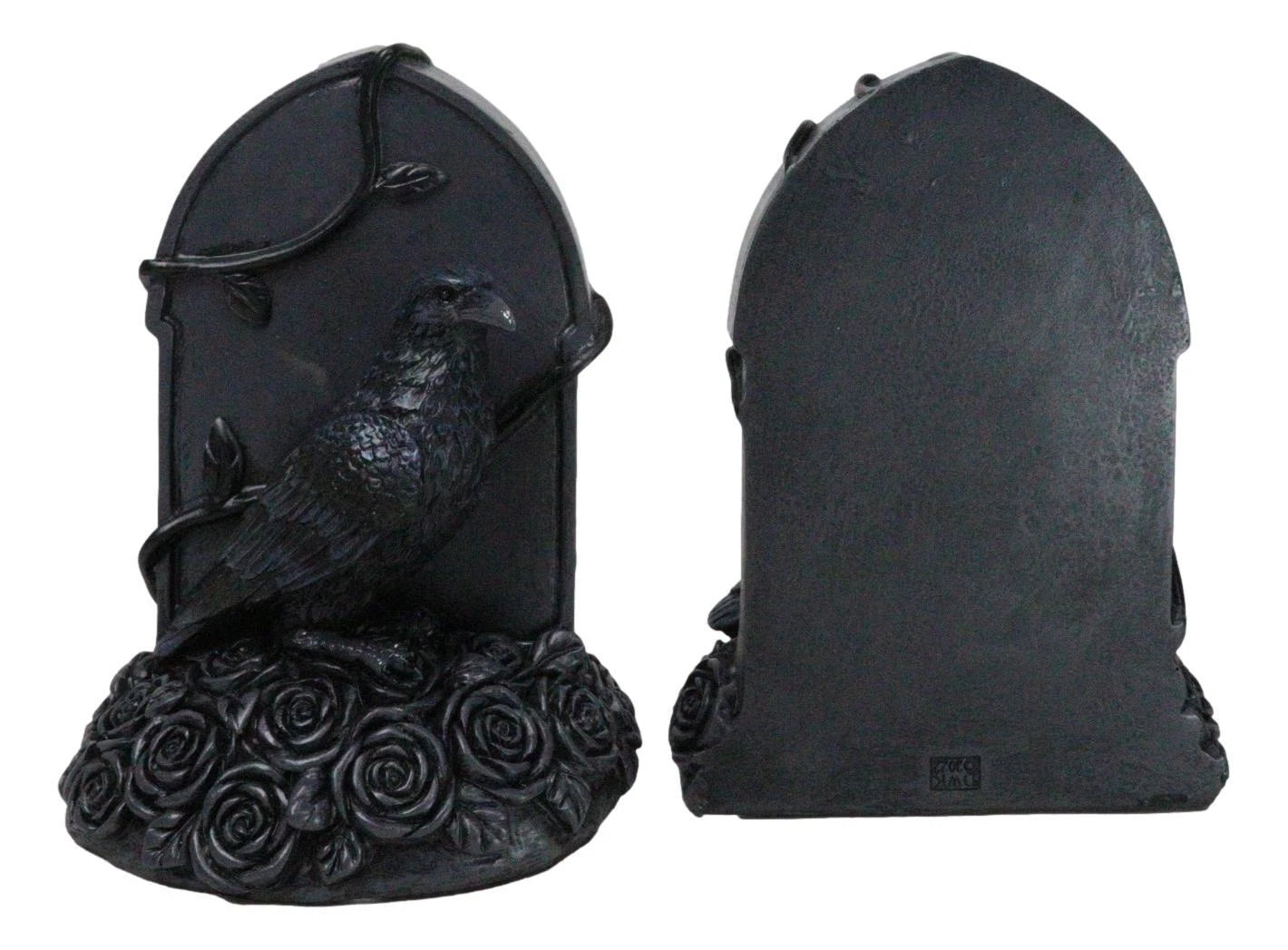 Raven Figurine, 8" Crow Perching on Black Roses Tombstone Gothic Figurine Bookends for Shelf, Desk, Home, or Gothic Room Decor Collectible-9
