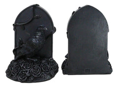 Raven Figurine, 8" Crow Perching on Black Roses Tombstone Gothic Figurine Bookends for Shelf, Desk, Home, or Gothic Room Decor Collectible-9