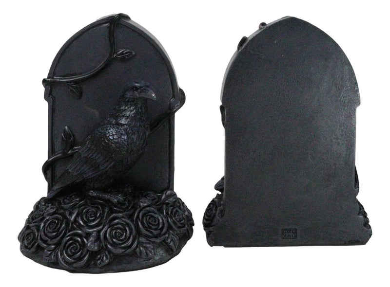 Raven Figurine, 8" Crow Perching on Black Roses Tombstone Gothic Figurine Bookends for Shelf, Desk, Home, or Gothic Room Decor Collectible-9