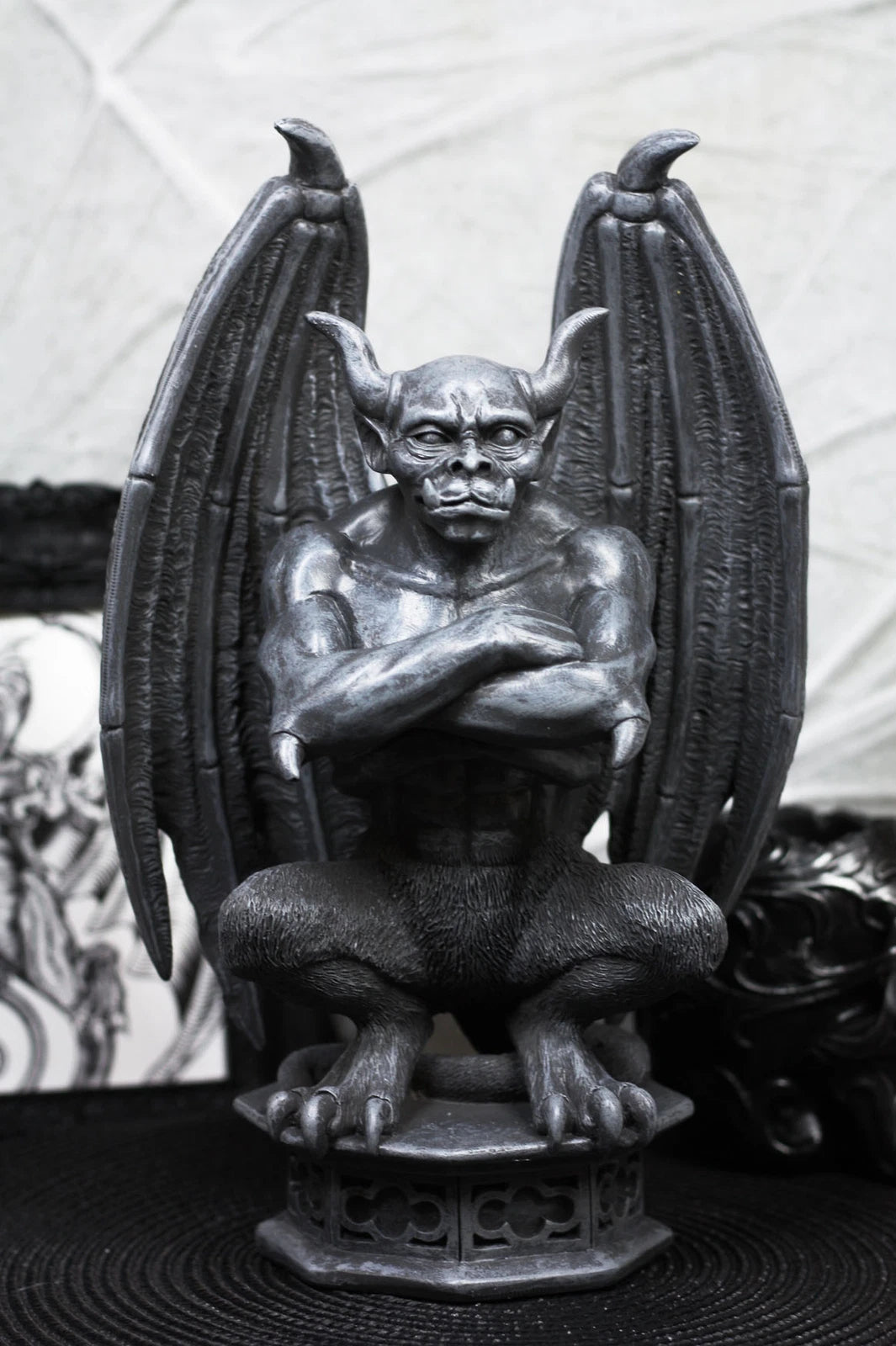Gothic Gargoyle Statue, Horned Bulldog Figurine 12"H for Home Decor, Garden, Patio, Mantle Display, Crouching on Pedestal, Winged Fantasy Sculpture, Collector Gift-5