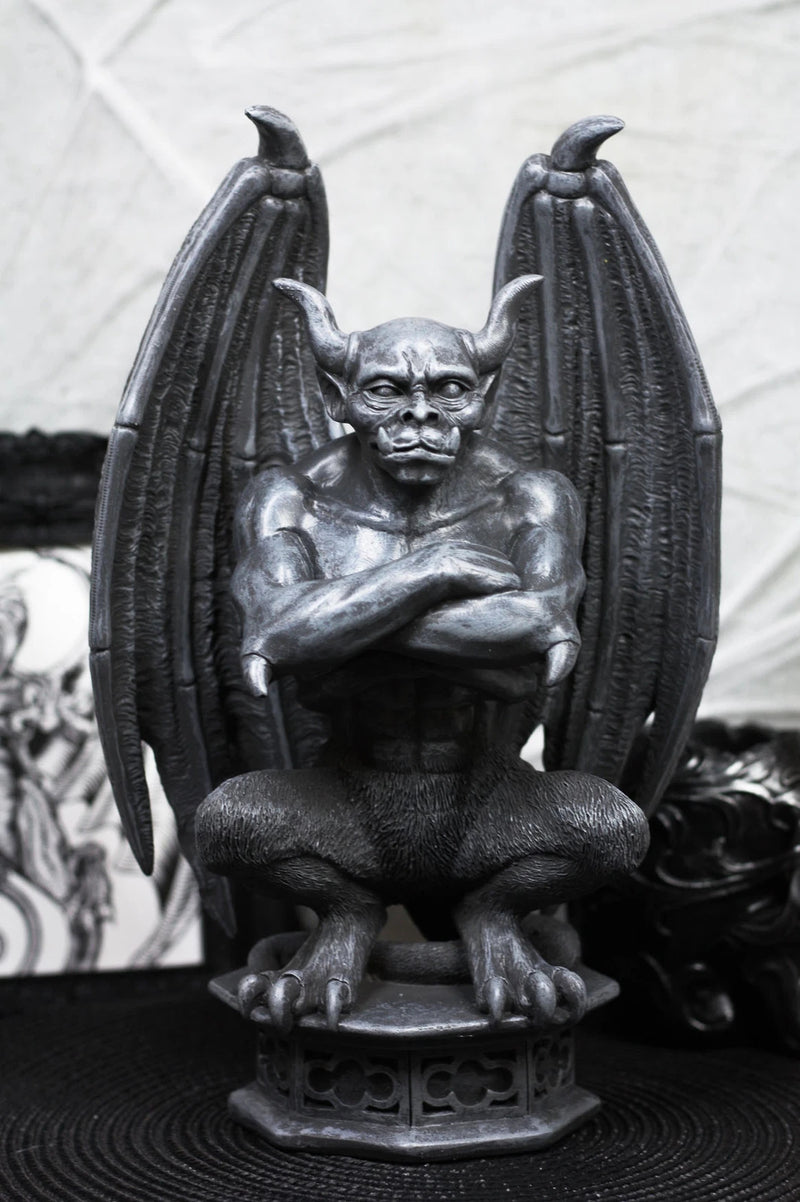 Gothic Gargoyle Statue, Horned Bulldog Figurine 12"H for Home Decor, Garden, Patio, Mantle Display, Crouching on Pedestal, Winged Fantasy Sculpture, Collector Gift-5