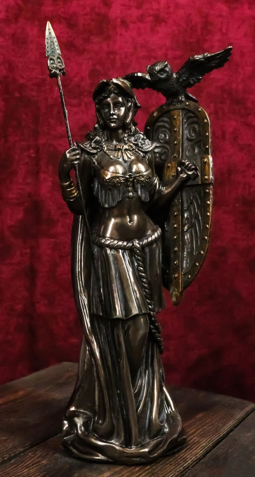 Greek Goddess Athena Wearing Helmet With Spear Aegis Shield And Owl Statue Decor-1