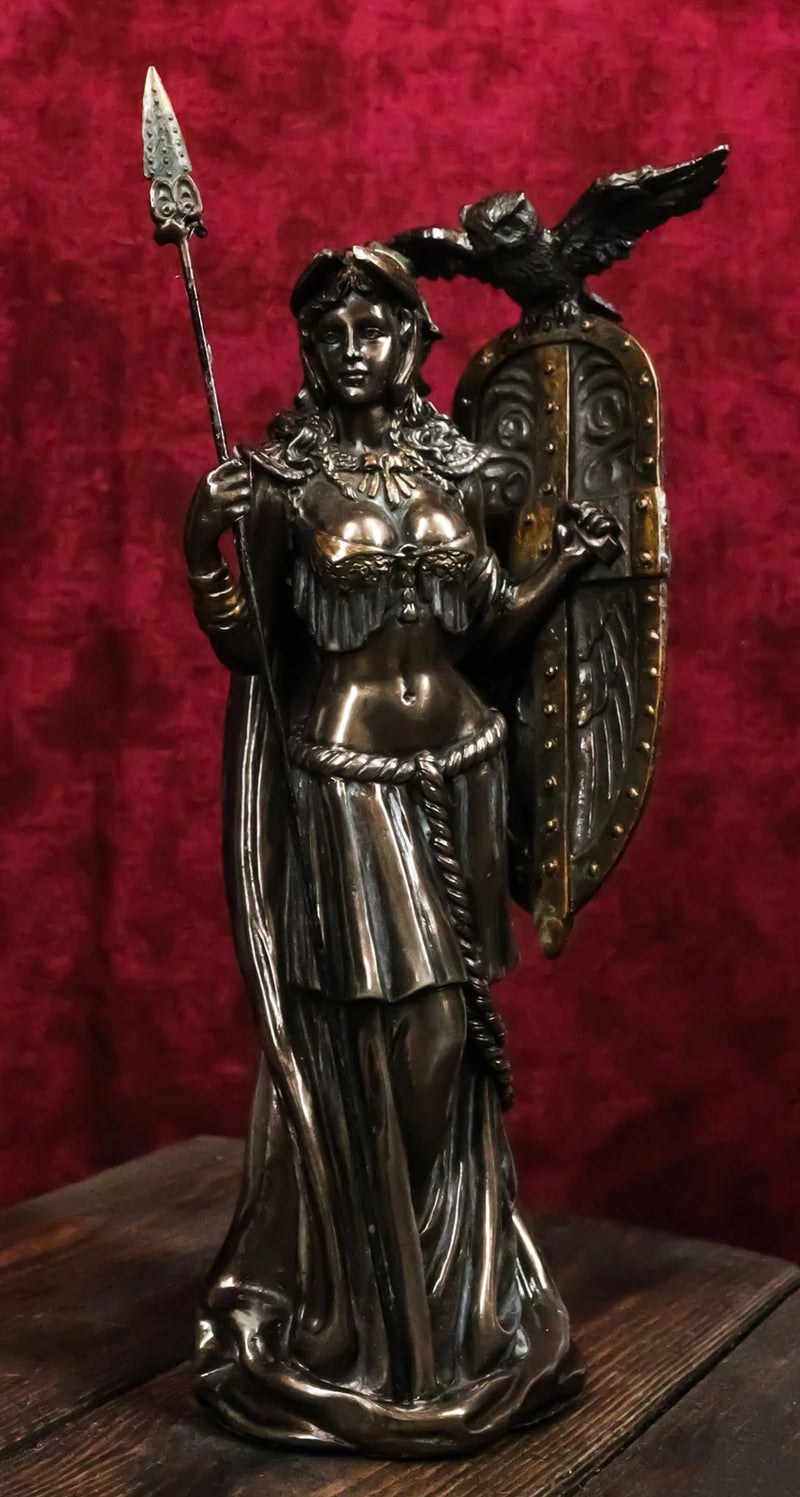Greek Goddess Athena Wearing Helmet With Spear Aegis Shield And Owl Statue Decor-1