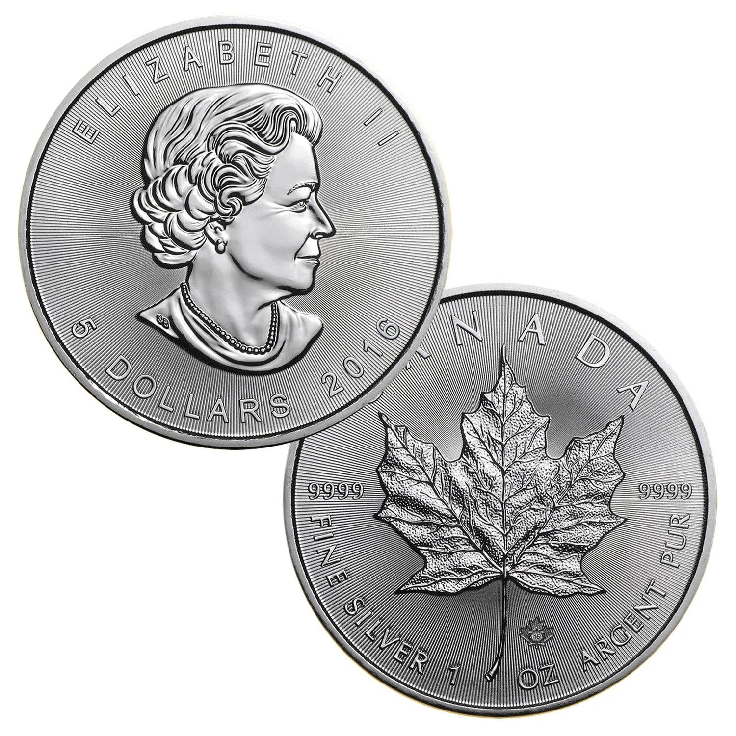 Moneda canadiense de hoja de arce de 5 dólares de 2016, 1 onza troy, 0,9999 de plata BU