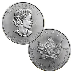 Moneda canadiense de hoja de arce de 5 dólares de 2016, 1 onza troy, 0,9999 de plata BU-1