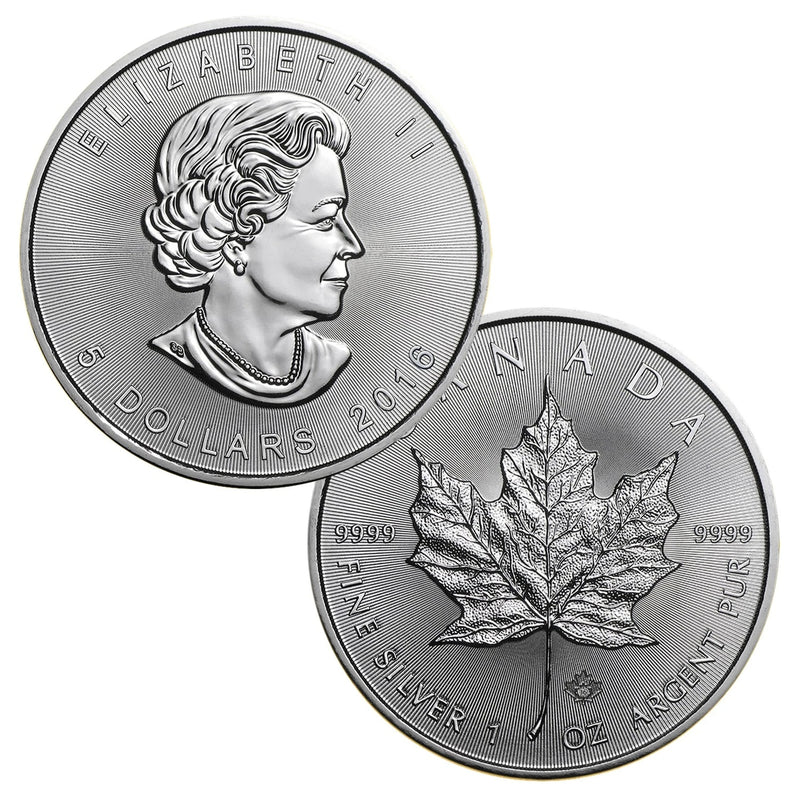 Moneda canadiense de hoja de arce de 5 dólares de 2016, 1 onza troy, 0,9999 de plata BU-1